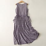 Buddha Stones Summer Vintage Drawstring Waist Button-Up Plaid Cotton Women's Sleeveless Dress With Pockets