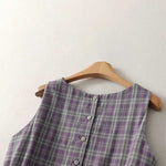 Buddha Stones Summer Vintage Drawstring Waist Button-Up Plaid Cotton Women's Sleeveless Dress With Pockets