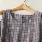 Buddha Stones Summer Vintage Drawstring Waist Button-Up Plaid Cotton Women's Sleeveless Dress With Pockets