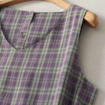 Buddha Stones Summer Vintage Drawstring Waist Button-Up Plaid Cotton Women's Sleeveless Dress With Pockets