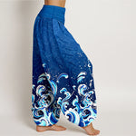 Buddha Stones Pure Cotton Ocean Wave Gradient Pattern Women's Elastic Waist Harem Pants