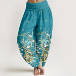 Buddha Stones Pure Cotton Dragon Cloud Wave Pattern Women's Elastic Waist Harem Pants