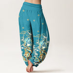 Buddha Stones Pure Cotton Dragon Cloud Wave Pattern Women's Elastic Waist Harem Pants