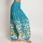Buddha Stones Pure Cotton Dragon Cloud Wave Pattern Women's Elastic Waist Harem Pants