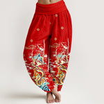 Buddha Stones Pure Cotton Dragon Cloud Wave Pattern Women's Elastic Waist Harem Pants