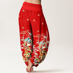 Buddha Stones Pure Cotton Dragon Cloud Wave Pattern Women's Elastic Waist Harem Pants