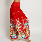 Buddha Stones Pure Cotton Dragon Cloud Wave Pattern Women's Elastic Waist Harem Pants