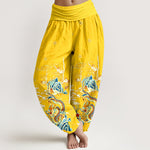 Buddha Stones Pure Cotton Dragon Cloud Wave Pattern Women's Elastic Waist Harem Pants