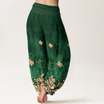 Buddha Stones Pure Cotton Vintage Rose Floral Pattern Women's Elastic Waist Harem Pants