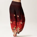 Buddha Stones Pure Cotton Vintage Rose Floral Pattern Women's Elastic Waist Harem Pants