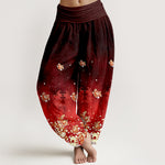 Buddha Stones Pure Cotton Vintage Rose Floral Pattern Women's Elastic Waist Harem Pants