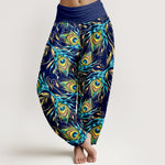 Buddha Stones Pure Cotton Peacock Feather Pattern Women's Elastic Waist Harem Pants