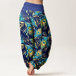 Buddha Stones Pure Cotton Peacock Feather Pattern Women's Elastic Waist Harem Pants