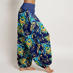 Buddha Stones Pure Cotton Peacock Feather Pattern Women's Elastic Waist Harem Pants