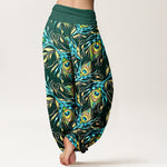 Buddha Stones Pure Cotton Peacock Feather Pattern Women's Elastic Waist Harem Pants