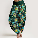 Buddha Stones Pure Cotton Peacock Feather Pattern Women's Elastic Waist Harem Pants