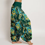 Buddha Stones Pure Cotton Peacock Feather Pattern Women's Elastic Waist Harem Pants