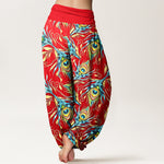 Buddha Stones Pure Cotton Peacock Feather Pattern Women's Elastic Waist Harem Pants