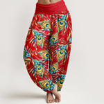 Buddha Stones Pure Cotton Peacock Feather Pattern Women's Elastic Waist Harem Pants
