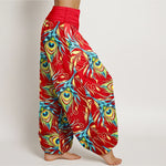 Buddha Stones Pure Cotton Peacock Feather Pattern Women's Elastic Waist Harem Pants