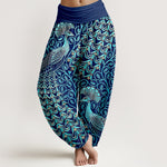 Buddha Stones Pure Cotton Peacock Feather Vine Pattern Women's Elastic Waist Harem Pants