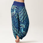 Buddha Stones Pure Cotton Peacock Feather Vine Pattern Women's Elastic Waist Harem Pants