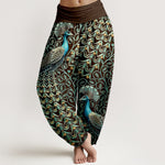 Buddha Stones Pure Cotton Peacock Feather Vine Pattern Women's Elastic Waist Harem Pants