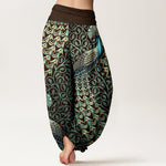 Buddha Stones Pure Cotton Peacock Feather Vine Pattern Women's Elastic Waist Harem Pants
