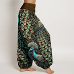 Buddha Stones Pure Cotton Peacock Feather Vine Pattern Women's Elastic Waist Harem Pants