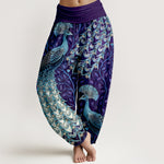 Buddha Stones Pure Cotton Peacock Feather Vine Pattern Women's Elastic Waist Harem Pants