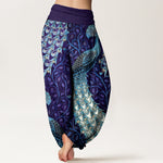 Buddha Stones Pure Cotton Peacock Feather Vine Pattern Women's Elastic Waist Harem Pants