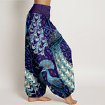 Buddha Stones Pure Cotton Peacock Feather Vine Pattern Women's Elastic Waist Harem Pants