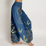 Buddha Stones Cotton Gold Bird Circle Pattern Women's Elastic Waist Harem Pants