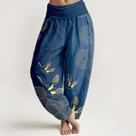 Buddha Stones Cotton Gold Bird Circle Pattern Women's Elastic Waist Harem Pants