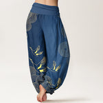 Buddha Stones Cotton Gold Bird Circle Pattern Women's Elastic Waist Harem Pants