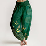 Buddha Stones Cotton Gold Bird Circle Pattern Women's Elastic Waist Harem Pants