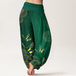 Buddha Stones Cotton Gold Bird Circle Pattern Women's Elastic Waist Harem Pants