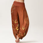 Buddha Stones Cotton Gold Bird Circle Pattern Women's Elastic Waist Harem Pants