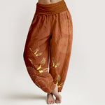 Buddha Stones Cotton Gold Bird Circle Pattern Women's Elastic Waist Harem Pants