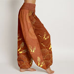 Buddha Stones Cotton Gold Bird Circle Pattern Women's Elastic Waist Harem Pants