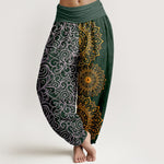 Buddha Stones Pure Cotton Golden Mandala Floral Pattern Women's Elastic Waist Harem Pants