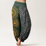 Buddha Stones Pure Cotton Golden Mandala Floral Pattern Women's Elastic Waist Harem Pants