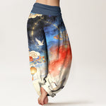 Buddha Stones Pure Cotton Crane Cloud Lantern Night Sky Pattern Women's Elastic Waist Harem Pants