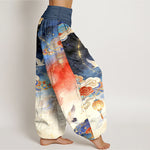 Buddha Stones Pure Cotton Crane Cloud Lantern Night Sky Pattern Women's Elastic Waist Harem Pants