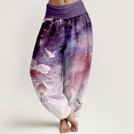 Buddha Stones Pure Cotton Crane Cloud Lantern Night Sky Pattern Women's Elastic Waist Harem Pants