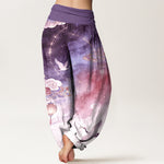Buddha Stones Pure Cotton Crane Cloud Lantern Night Sky Pattern Women's Elastic Waist Harem Pants