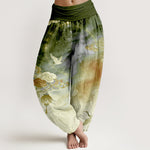 Buddha Stones Pure Cotton Crane Cloud Lantern Night Sky Pattern Women's Elastic Waist Harem Pants