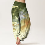 Buddha Stones Pure Cotton Crane Cloud Lantern Night Sky Pattern Women's Elastic Waist Harem Pants