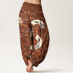 Buddha Stones Cotton Soft Drapey Ivory Fan Pattern Women's Elastic Waist Harem Pants