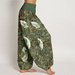 Buddha Stones Cotton Soft Drapey Ivory Fan Pattern Women's Elastic Waist Harem Pants